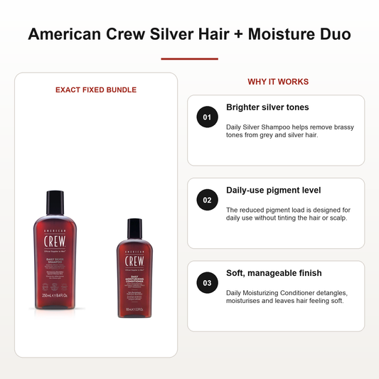 American Crew Silver Hair + Moisture Duo benefits: Brighter silver tones, Daily-use pigment level, Soft, manageable finish