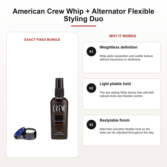 American Crew Whip + Alternator Flexible Styling Duo benefits: Weightless definition, Light pliable hold, Restylable finish