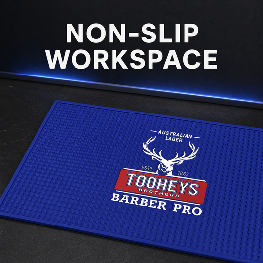 Blue Tooheys Barber Pro mat non-slip workspace benefit graphic