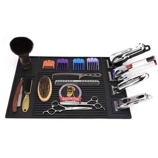 BarberTop magnetic barber mat arranged with clippers, guards, combs and brushes