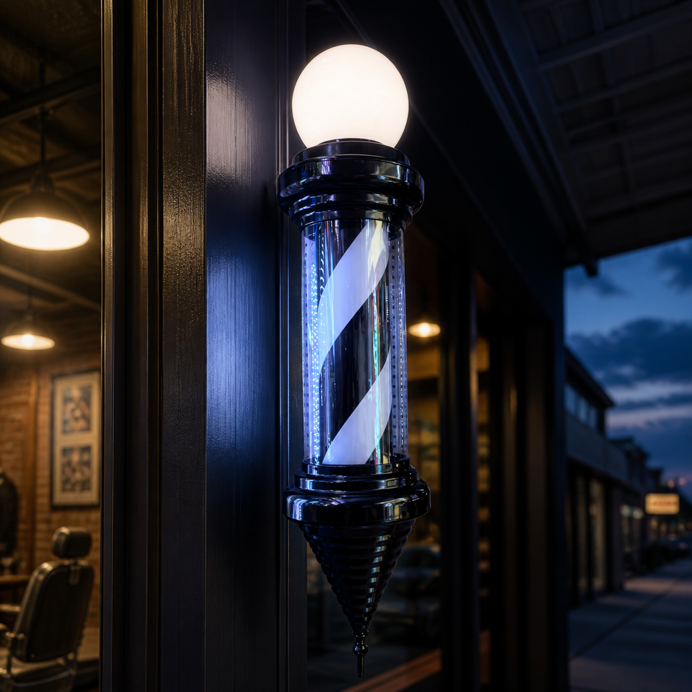 Black Cone Barber Pole with Globe – 19cm Wide displayed at a barbershop at dusk
