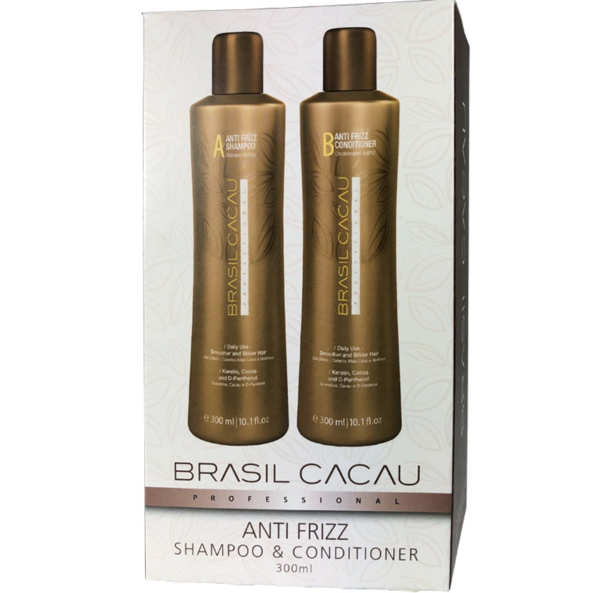 Brasil Cacau Anti Frizz Shampoo and Conditioner 300ml bottles inside the box