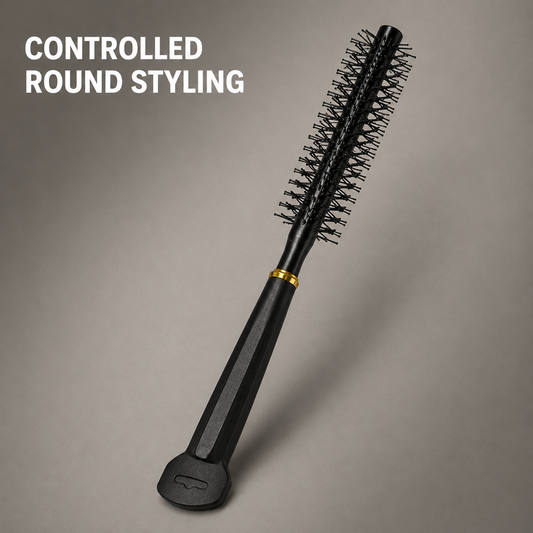 Black Bymace round brush graphic highlighting controlled round styling