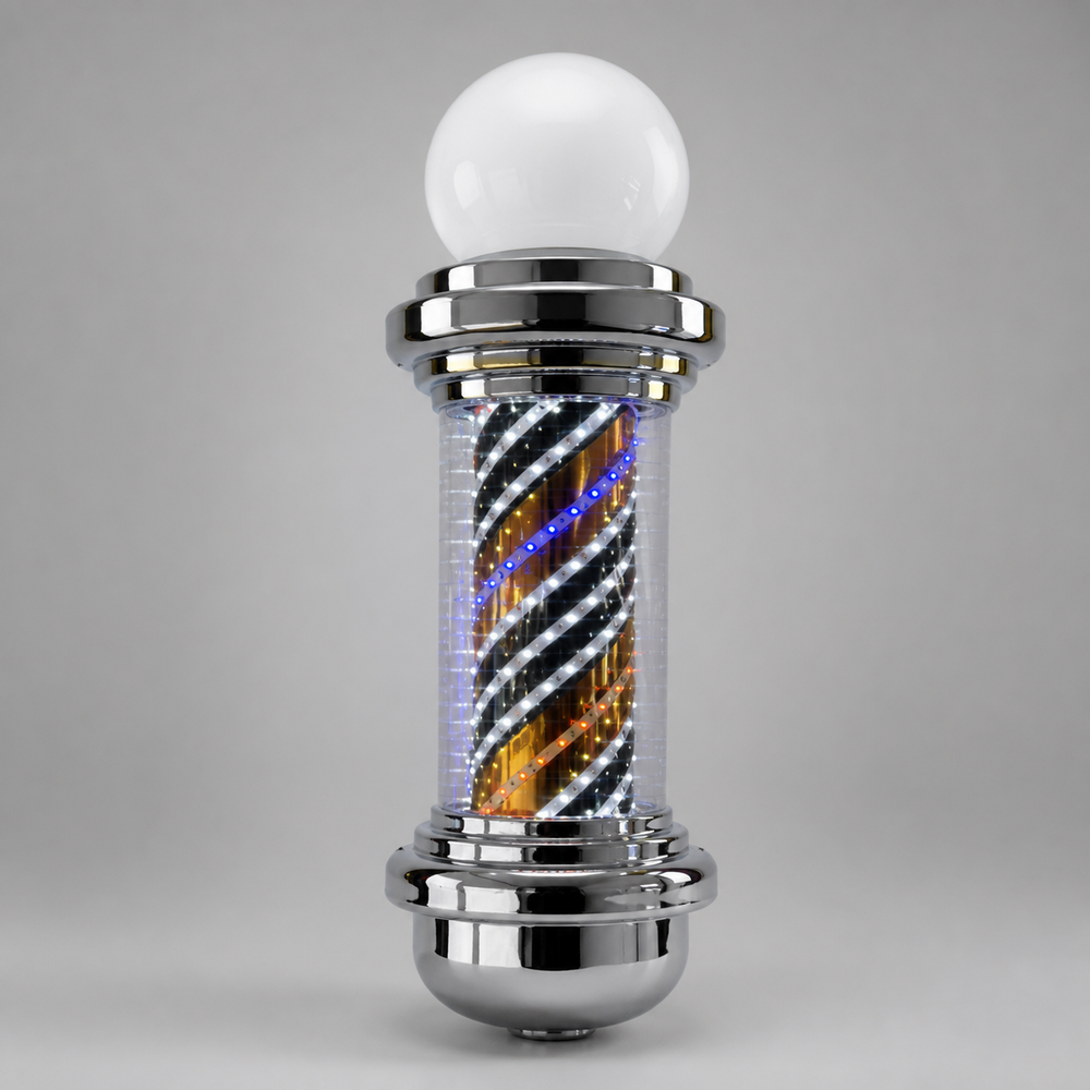 Chrome LED Barber Pole with Globe – 118 x 23cm full product view on a light studio background