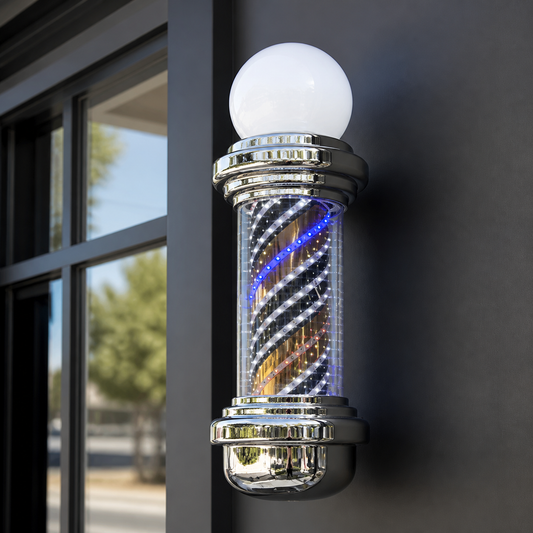 Chrome LED Barber Pole with Globe – 88 x 23cm installed on a modern barbershop exterior