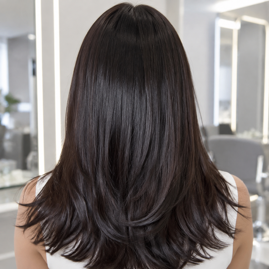 Smooth glossy hair result after Color Wow Prime & Shine routine