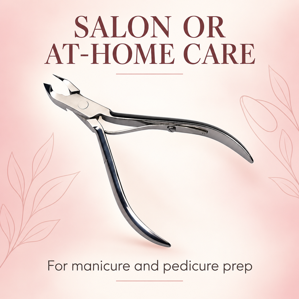Cuticle nipper with text: salon or at-home care, for manicure and pedicure prep