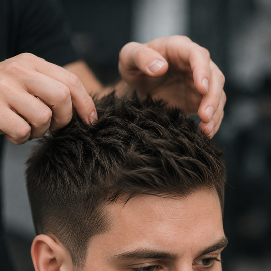 Barber shaping short dark hair with D:fi Dsculpt styling cream