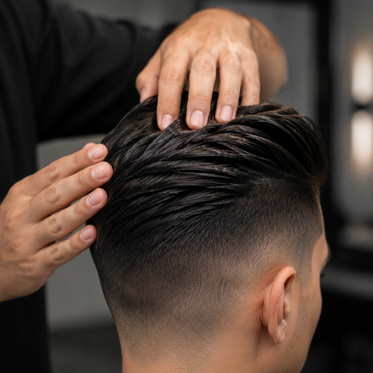 Barber sculpting short dark hair into a smooth defined style with Elegance Sculpting Wax