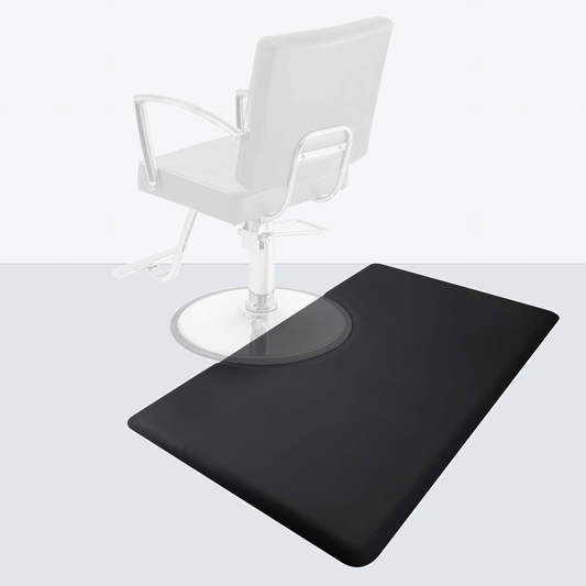 Black 150 x 90cm salon station floor mat beneath a barber chair
