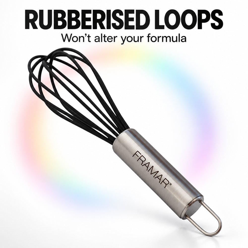 Framar Mighty Mixer whisk with text: rubberised loops won't alter your formula