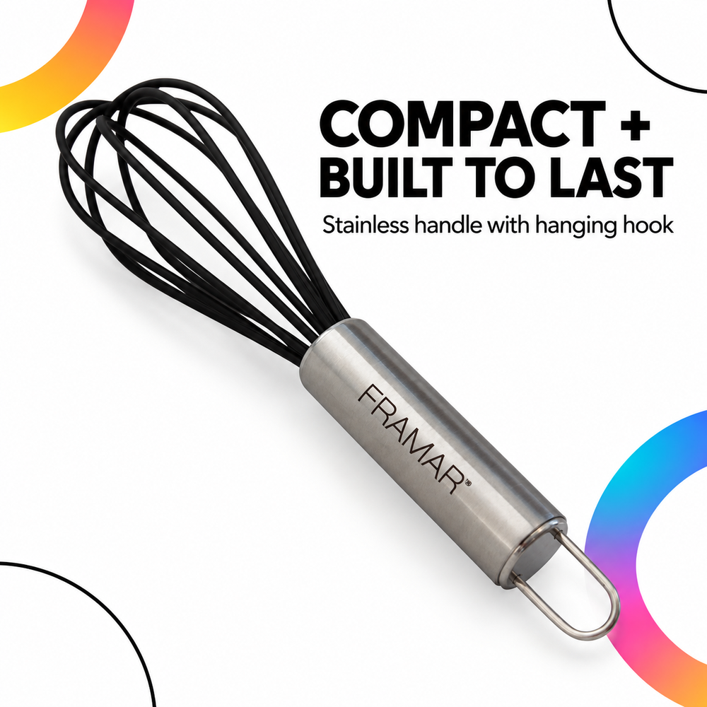Framar Mighty Mixer whisk with text: compact and built to last, stainless handle with hanging hook