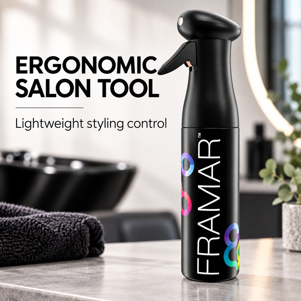 Framar Myst Assist bottle at a salon basin with text: ergonomic salon tool