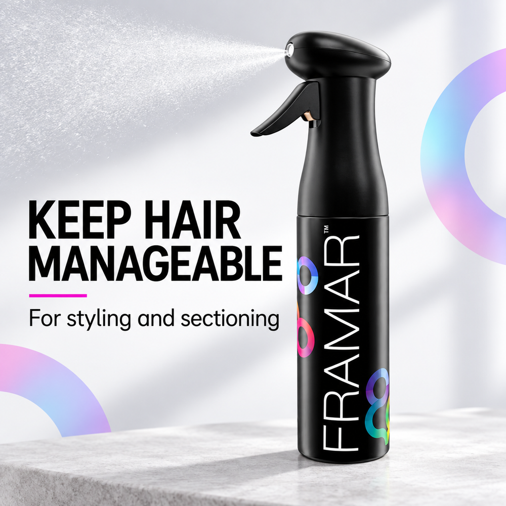 Framar Myst Assist bottle with text: keep hair manageable, for styling and sectioning