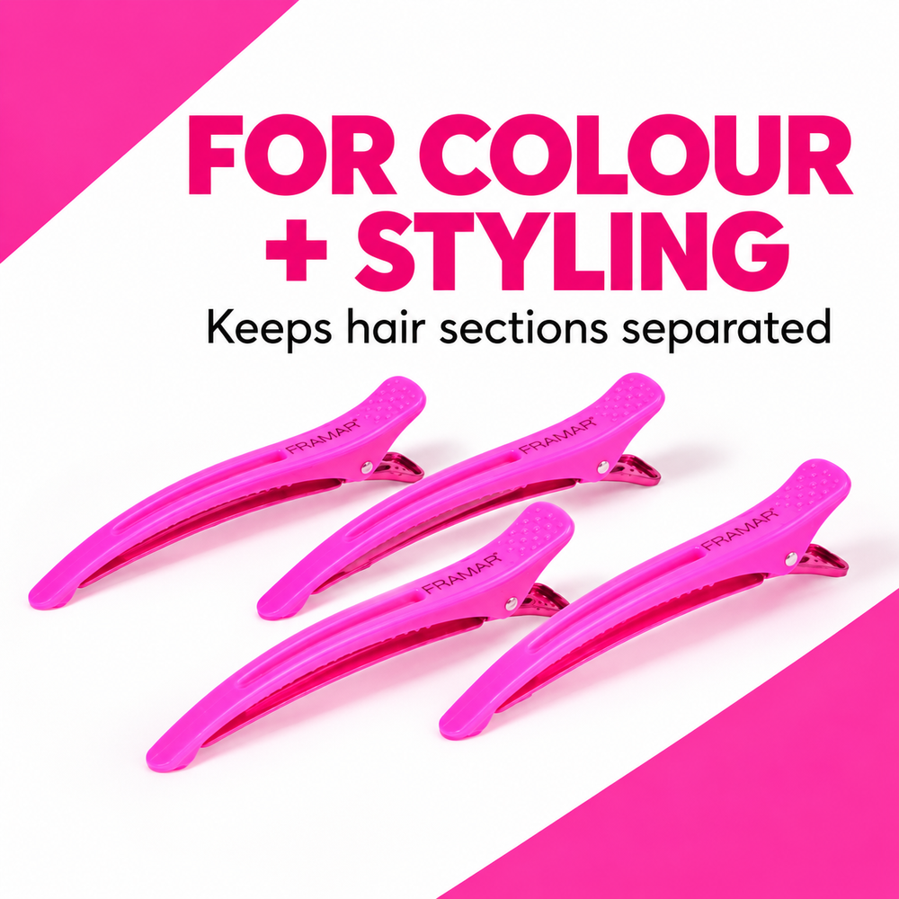 Pink Framar Super Sectioner clips with text: for colour and styling, keeps hair sections separated