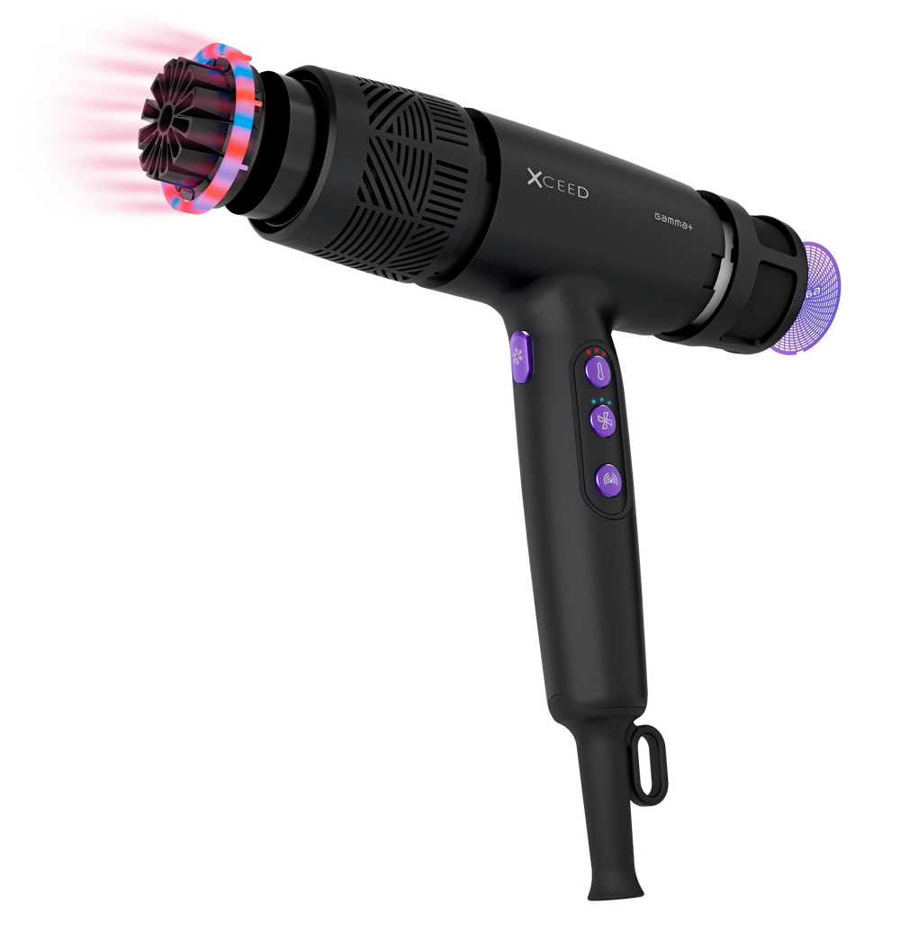 GAMMA+ XCEED black hair dryer dual technology cutaway illustration