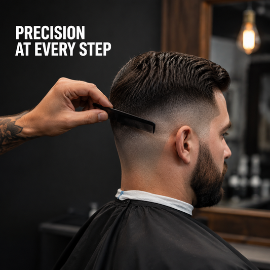 Professional barber combing a precise skin fade with precision at every step