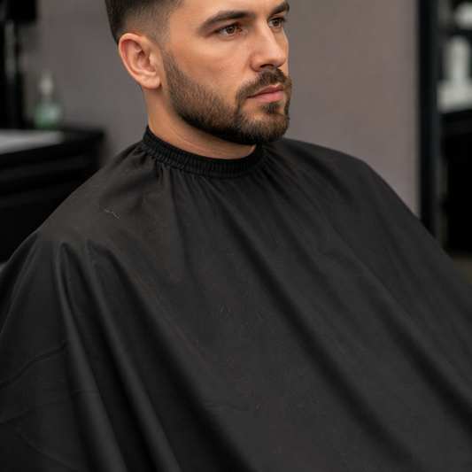 Close detail of Gamma+ black cutting cape protecting a haircut client