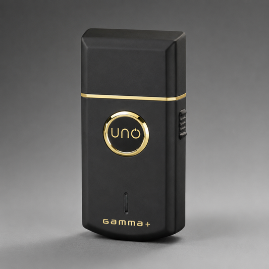 Gamma+ Uno black and gold mobile shaver in a three-quarter studio view