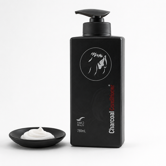 Hair 2 Beauty Charcoal Conditioner 780ml bottle with white conditioner texture sample