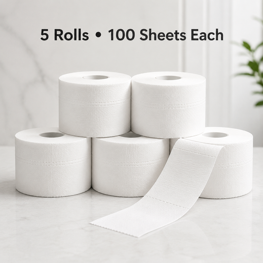 Five rolls of white JRL neck strips with 100 sheets per roll