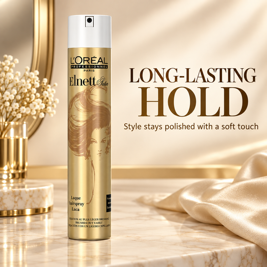 L'Oréal Professionnel Elnett hairspray with text: long-lasting hold, style stays polished with a soft touch