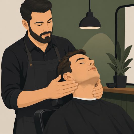 Barber applying aftershave to a client's freshly shaved neck