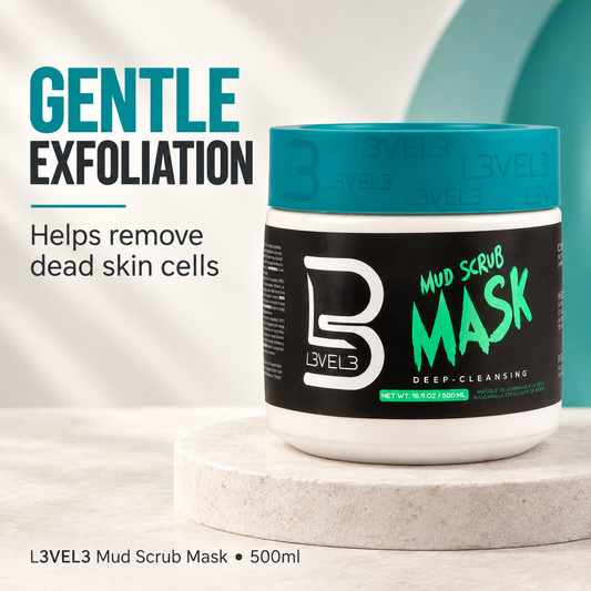 L3VEL3 Mud Scrub Mask 500ml — gentle exfoliation helps remove dead skin cells