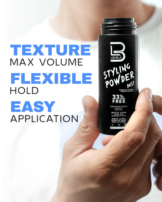 L3VEL3 Strong Hold Styling Powder 30g in its black hold-level-3 bottle, with texture, flexible hold and easy application features