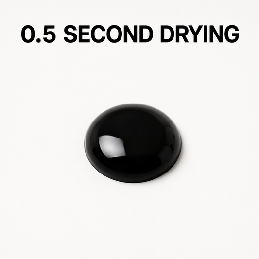 Single black adhesive drop with 0.5 second drying benefit graphic