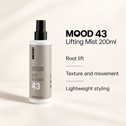 MOOD 43 Lifting Mist 200ml: root lift, texture and movement, lightweight styling โ illustrated benefit visual