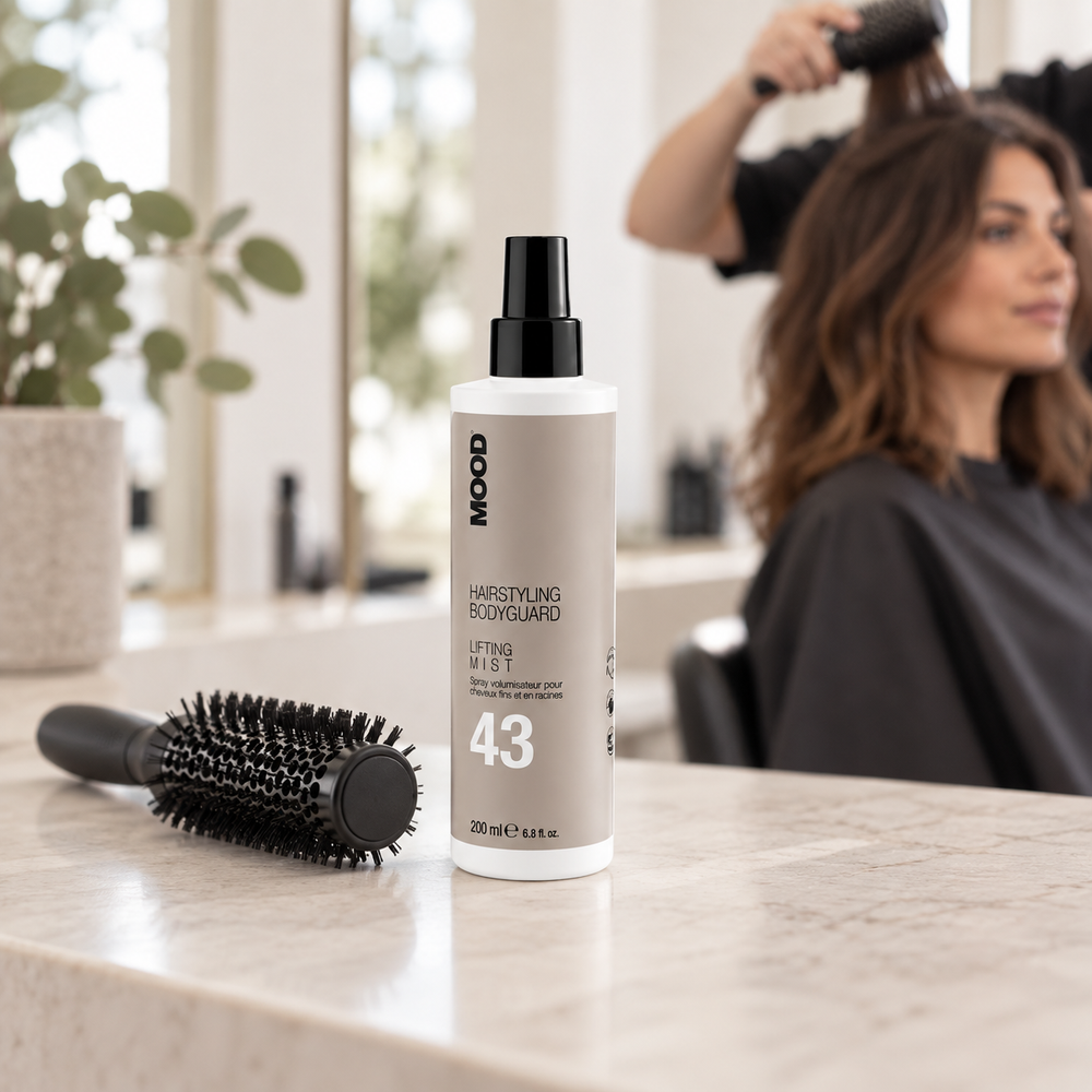 MOOD 43 Lifting Mist 200ml on a salon counter with brush and adult styling scene – AI-generated contextual illustration