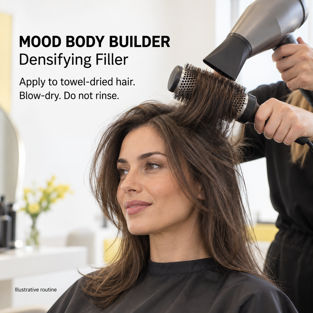 Illustrative MOOD Body Builder Densifying Filler routine: apply to towel-dried hair, blow-dry and do not rinse