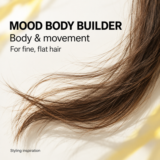 Illustrative MOOD Body Builder styling visual: fine hair with body and movement, not a before-and-after result