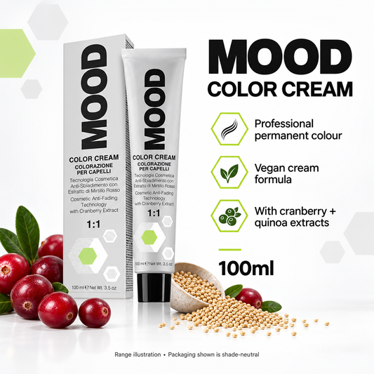 Illustration of the MOOD Color Cream range: professional permanent colour, vegan cream formula and cranberry plus quinoa extracts; shade-neutral packaging.