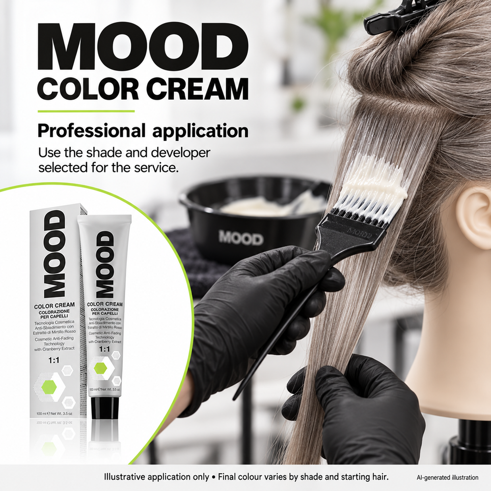 Illustration of MOOD Color Cream being applied on a mannequin head, final colour varies with shade and starting hair