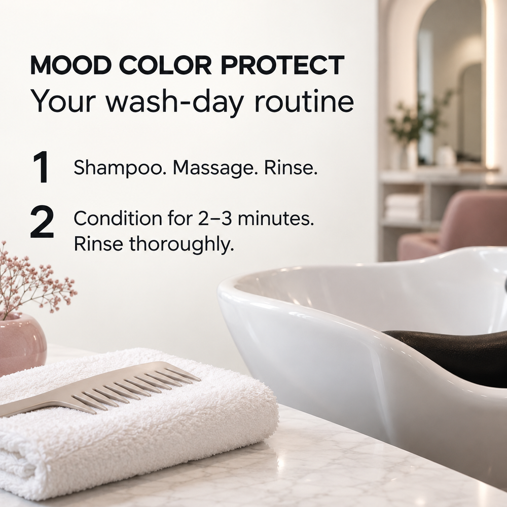 Illustrative MOOD Color Protect wash-day routine: shampoo and rinse, then condition for 2–3 minutes and rinse