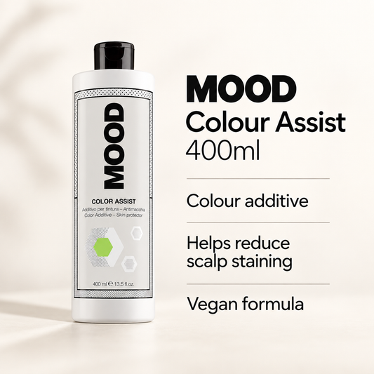 MOOD Colour Assist 400ml: colour additive, helps reduce scalp staining, vegan formula – illustrated benefit visual