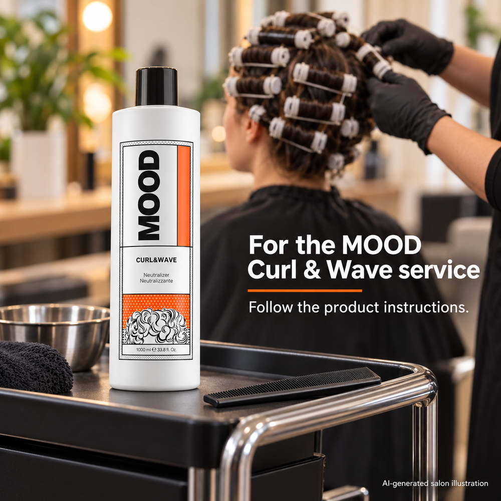 MOOD Curl & Wave Neutralizer 1L – AI-generated salon illustration with hair wrapped on perm rods; follow product instructions