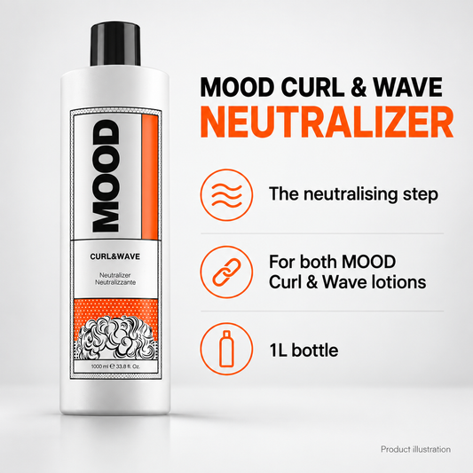 MOOD Curl & Wave Neutralizer 1L – illustrated neutralising-step features and compatibility with both MOOD Curl & Wave lotions