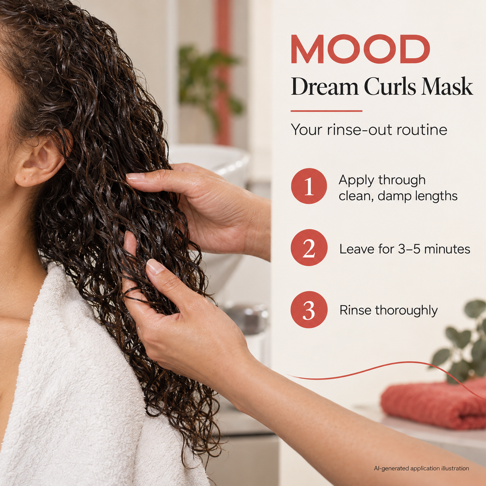 MOOD Dream Curls Mask routine: apply through clean damp lengths, leave 3–5 minutes, rinse thoroughly; AI-generated application illustration.