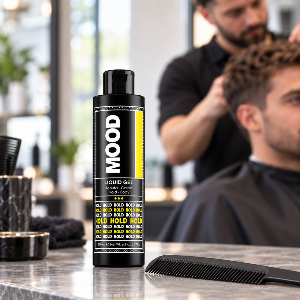 MOOD Liquid Gel 200ml in a styled salon scene with barber and adult client – AI-generated contextual illustration