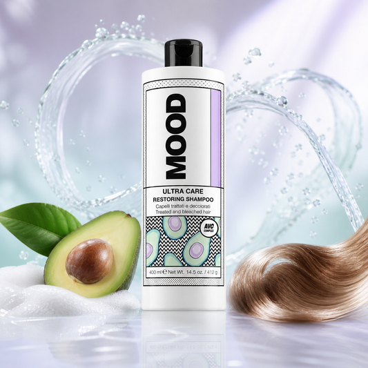 MOOD Ultra Care Restoring Shampoo 400ml – product and avocado hero