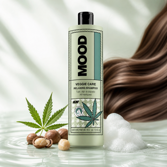 MOOD Veggie Care Shampoo 500ml – product and ingredient hero