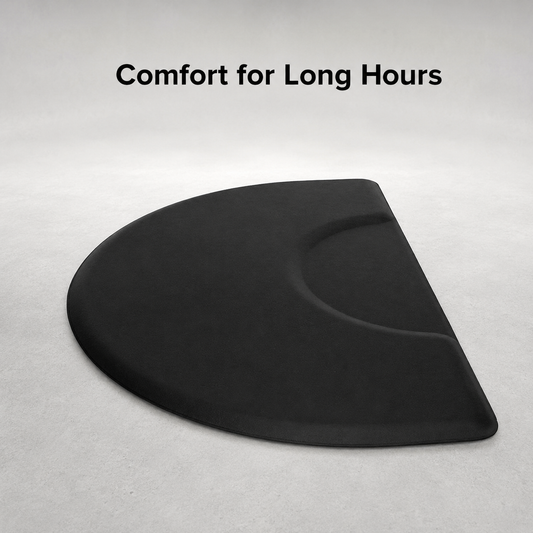 MV black anti-fatigue barber mat with Comfort for Long Hours benefit text