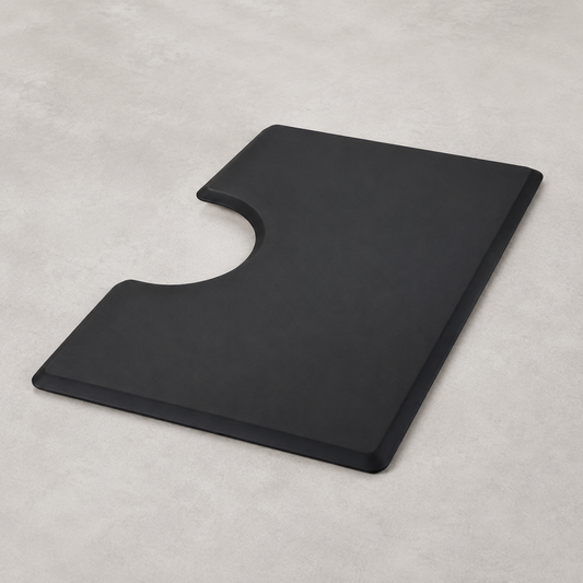 MV black rectangular anti-fatigue mat with semicircular chair-base cutout