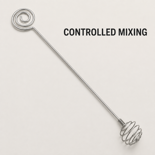 Stainless steel mixing stick with Controlled Mixing benefit text