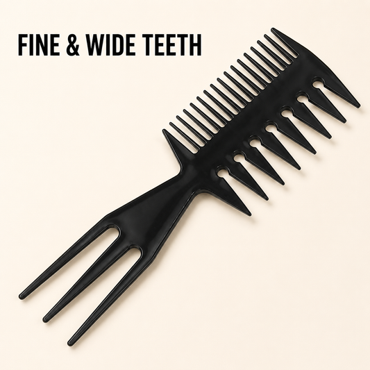 MV styling comb showing fine teeth, wide teeth and three-prong tail