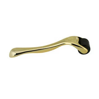 Gold MV needle-style facial skin roller with curved handle