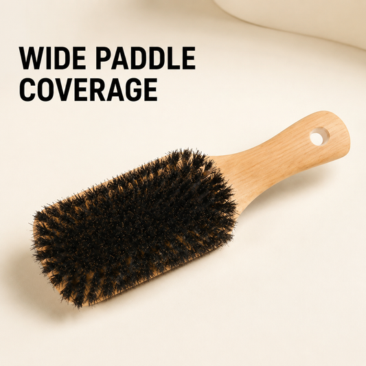 MV flat wood paddle brush benefit graphic showing wide paddle coverage